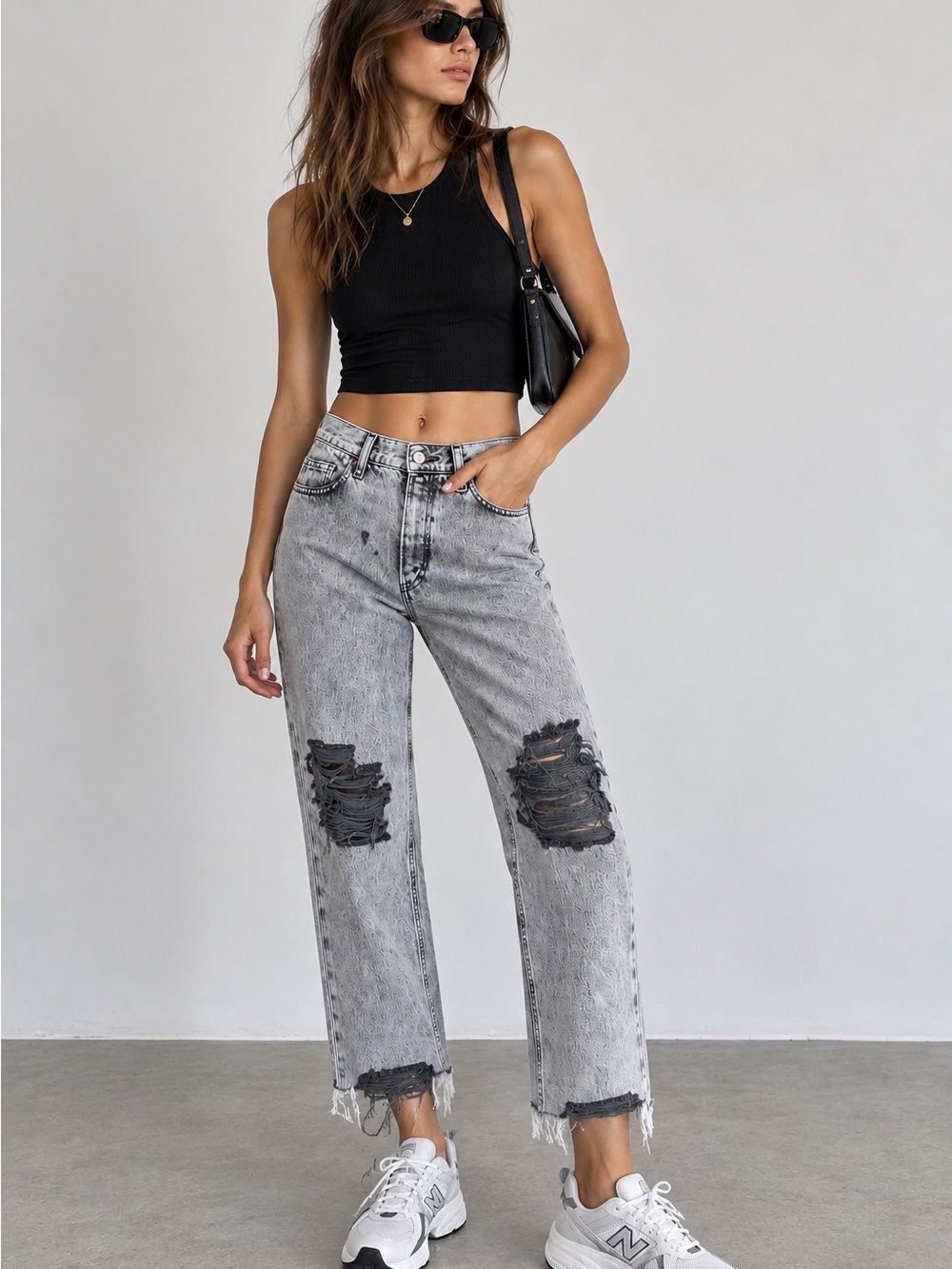 Free People We The Free Gray Acid Wash Ripped Straight Leg Jeans 31"